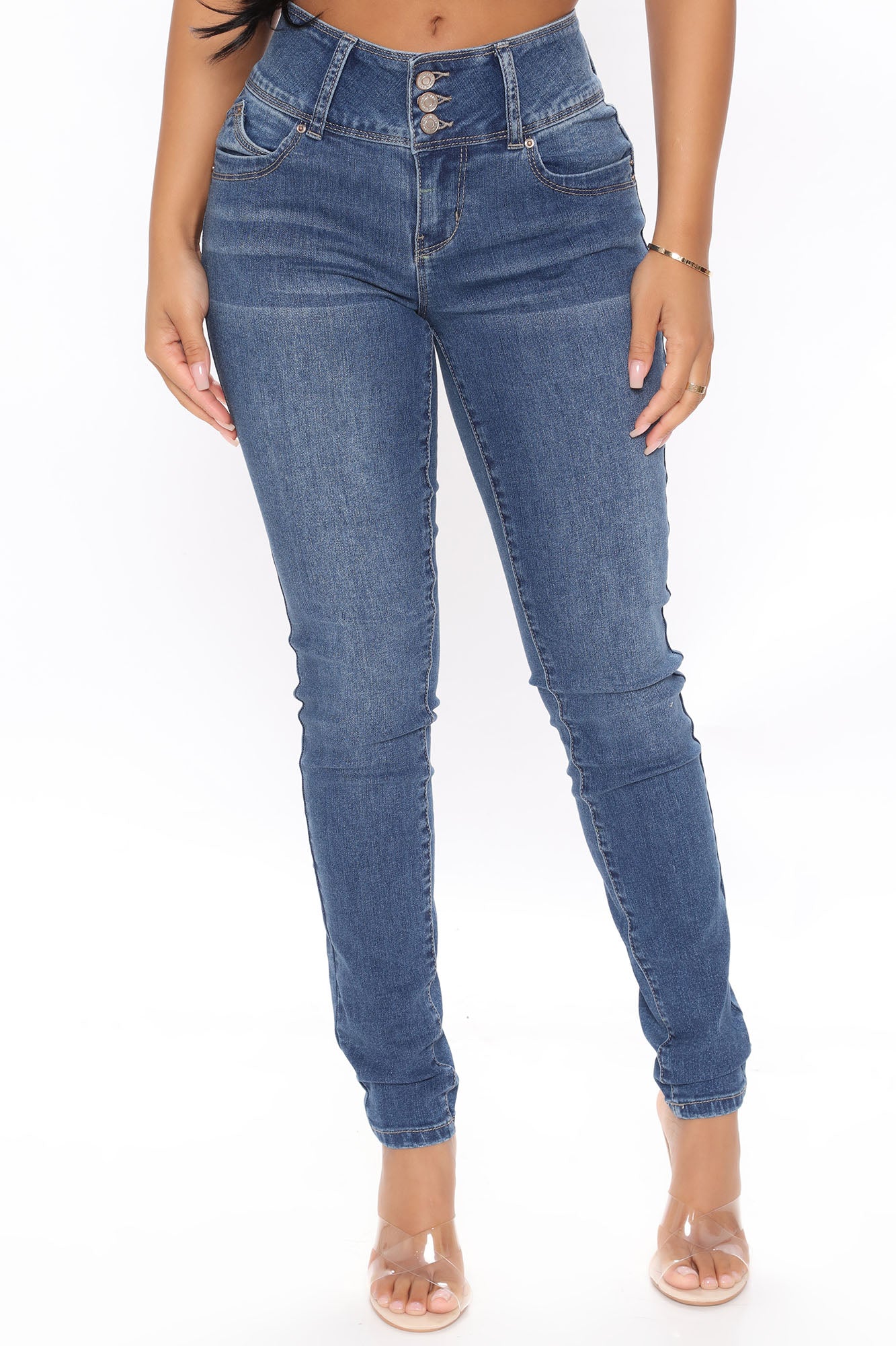 Recycled Mid Rise Skinny Jeans - Medium Blue Wash On Sale