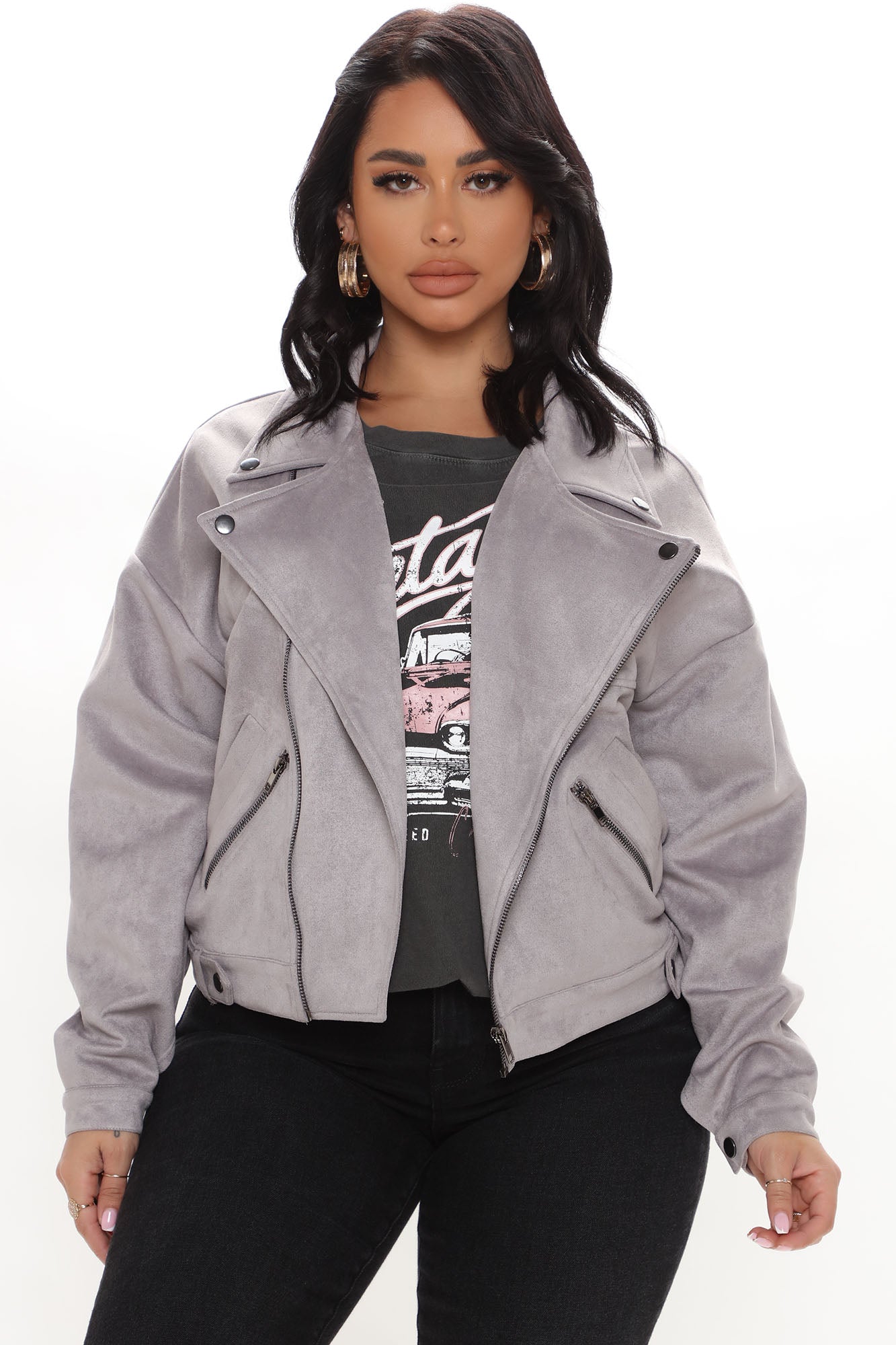 Nothing's Impossible Faux Suede Moto Jacket - Grey Flash Sale