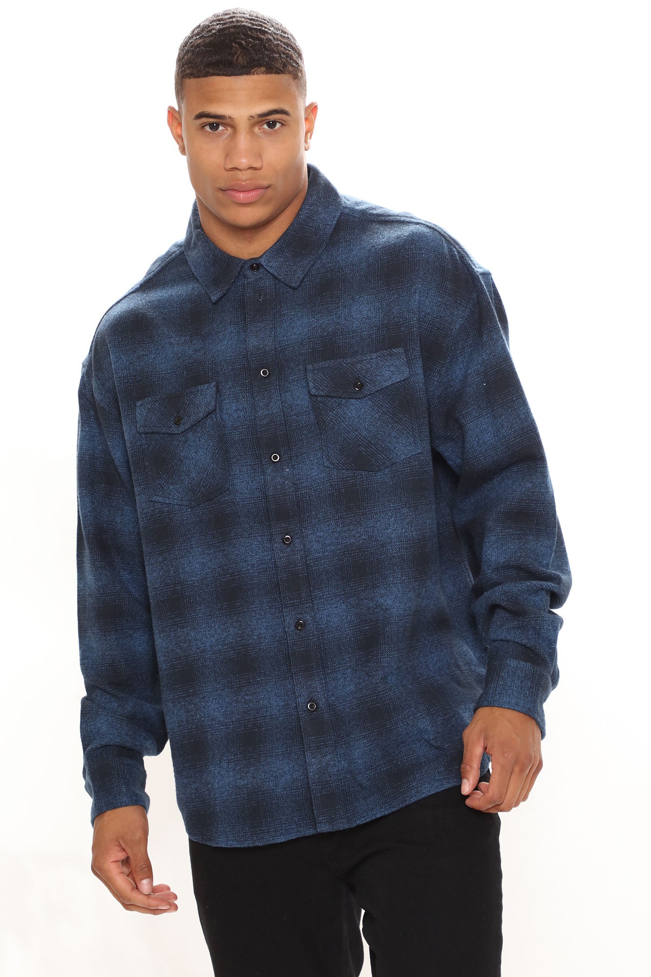 Roll Up Flannel Long Sleeve Woven Top - Blue/combo Special